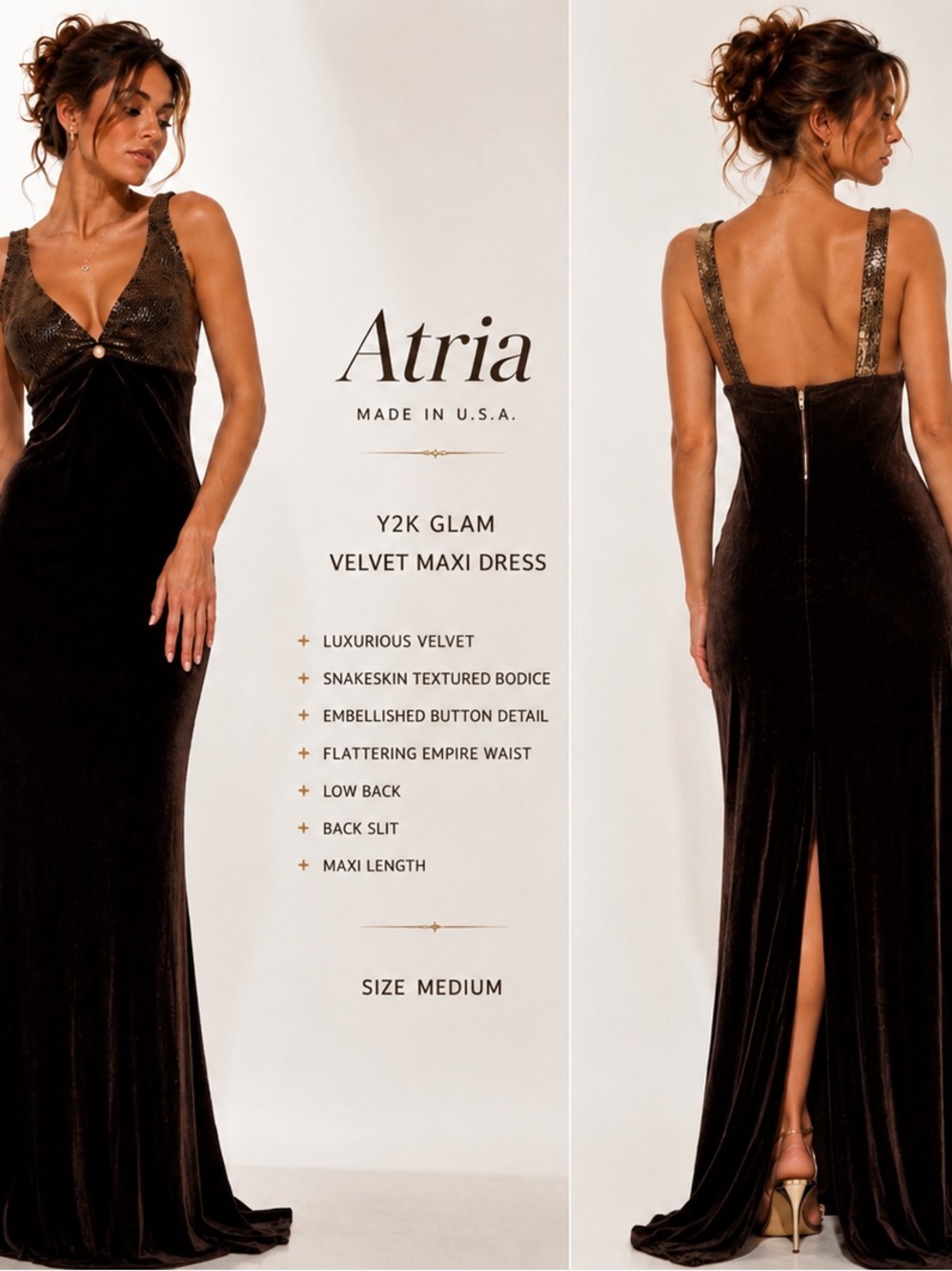 Atria Y2K Vintage Brown Velvet Maxi Sz M Slip Gown Dress Formal Glam Embellished